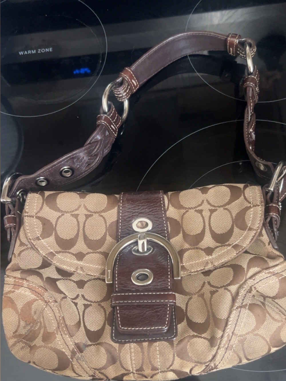 Coach Brown Signature Canvas Shoulder Bag with Dark Brown Leather Trim